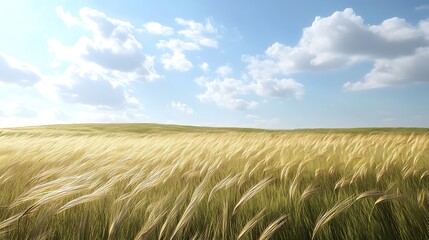 A serene landscape featuring golden grass swaying under a blue sky with fluffy clouds.
