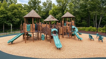Outdoor playground with slides and playhouses in a park setting