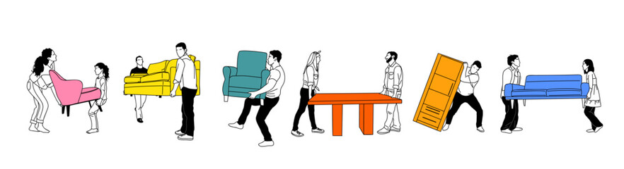 Set of Different People with various furniture. Men, women carrying sofa, armchair, commode. Relocation, moving concept. Cartoon character Hand drawn Vector illustrations isolated 