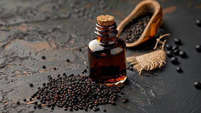 black seed essential oil close-up. Selective focus