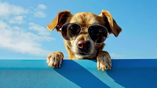 a dog in black glasses. Selective focus