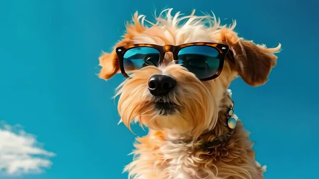 a dog in black glasses. Selective focus