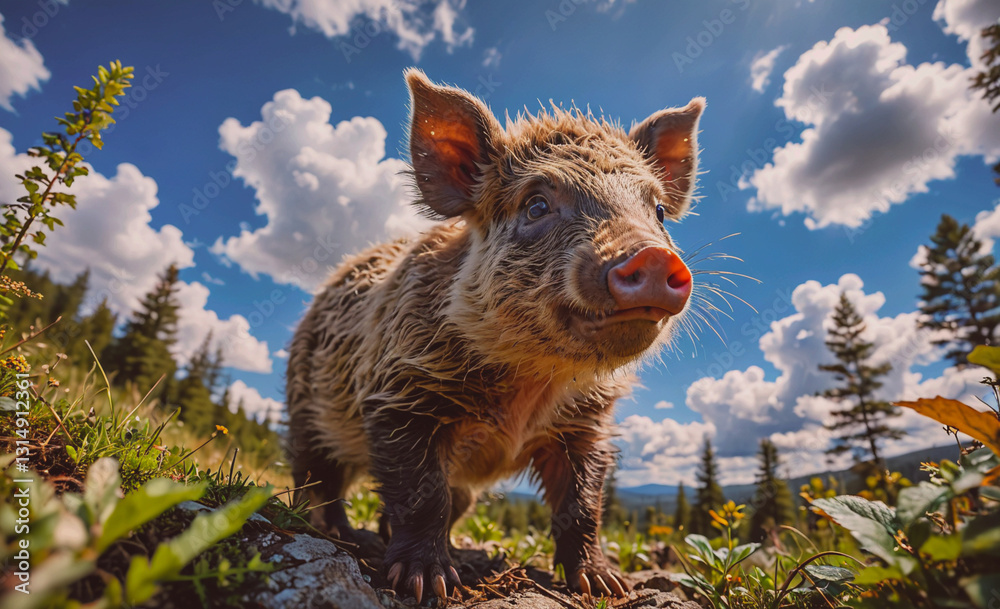 Aufkleber Pig is standing in a field with trees in the background. The sky is blue and there are clouds in the background