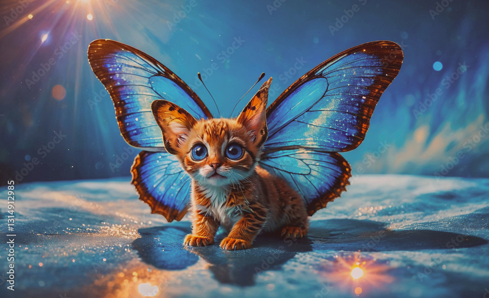 Aufkleber small kitten is sitting on a blue surface with a butterfly on its back. the scene is whimsical and p