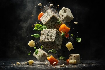 Floating cheese herbs with spices in motion