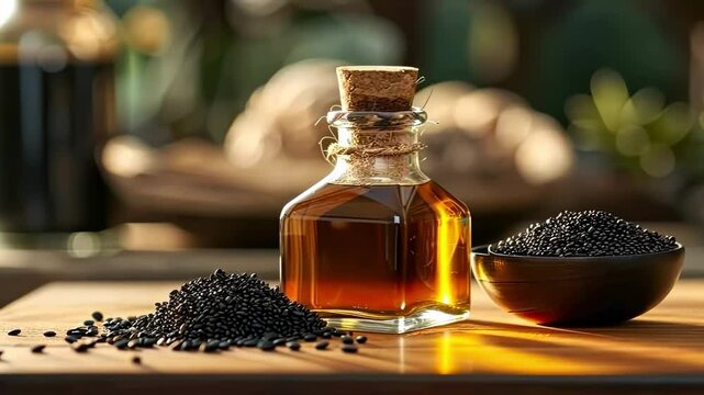 black seed essential oil close-up. Selective focus