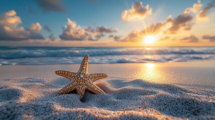 Fototapeta na wymiar Starfish resting on the beach at sunset creating a relaxing tropical scene. Starfish lies on the beach sand at sunset, creating a beautiful and serene tropical scene.
