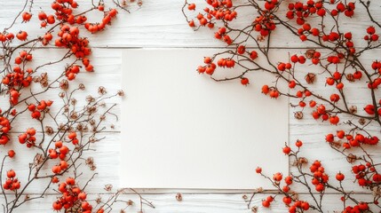 Blank paper framed by dried berries and branches on white wood