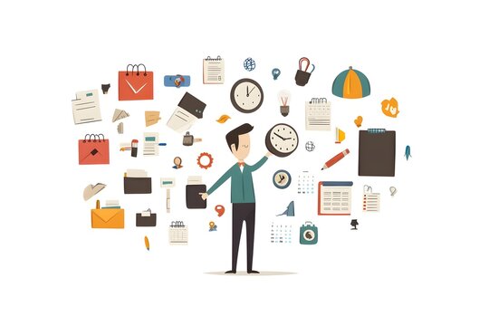 Man Managing Time and Tasks Illustration with Office Stationary Items