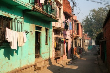 A small, crumbling apartment building with people hanging laundry on balconies, and narrow streets filled with poverty and limited infrastructure.
