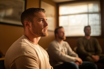 A support group for recovering addicts, sitting in a circle, sharing their journey and challenges in a safe, supportive environment. 