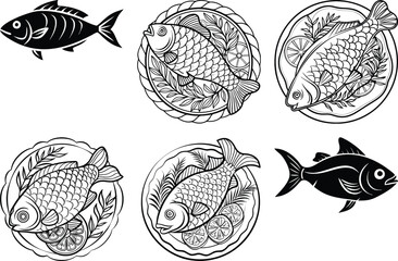 Fototapeta premium Black and White Fish Illustrations: Vintage Style Seafood Graphic Set for Restaurant Menu, Culinary Design, and Food Art Projects
