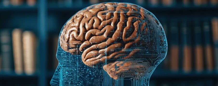 A digital representation of a human brain against a backdrop of books, symbolizing knowledge, intelligence, and cognitive processes.