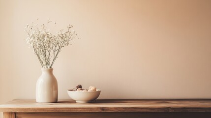 Simple vase and bowl on wooden table, peaceful interior scene, potential for home decor or still life stock photo
