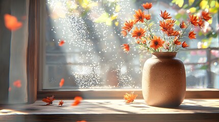 The pottery jar with sunlight shining on the windowsill