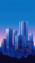 Obraz premium Cityscape at dusk with skyscrapers, gradient sky, and tree silhouettes