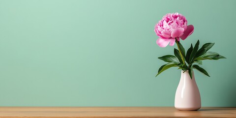 Fototapeta premium Pink Peony in Vase on Wooden Table with Green Background