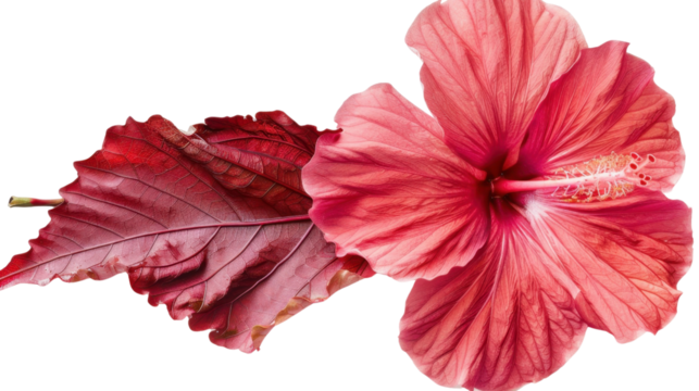 Vibrant pink hibiscus flower and red leaf on transparent background