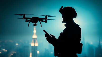 Soldier Operating Drone at Night Urban Skyline