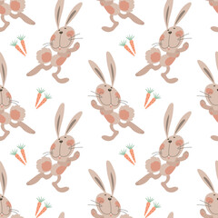 Seamless pattern for kids, funny cartoon rabbits and carrots on white background. Print for children, textile, wallpaper, bedroom decor