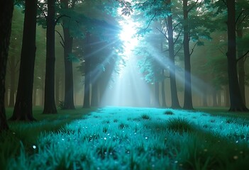 Fototapeta premium Sprightly Sun-drenched forest with freshly cut grass during diffused light
