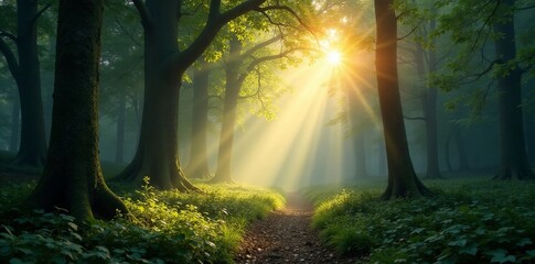 Obraz premium Soft rays of sunlight shining through trees in a mystical forest, sunlight, magical, forest