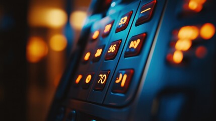 Obraz premium Illuminated alarm system keypad in a modern office setting at night with glowing buttons and shadows