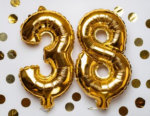 Gold balloon number 38 for thirty-eighth birthday or anniversary party. White background with confetti