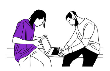 Students working on laptop, sitting together. Freelance, Online distant work, remote education, internet technologies concept. Vector outline drawing isolated 
