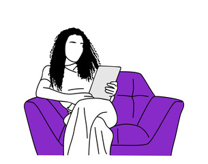 Young business woman working on digital tablet, sitting on comfortable soft armchair. Freelance, Online distant work, internet technologies concept. Vector outline drawing isolated
