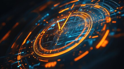 Abstract D clock with digital elements symbolizing time optimization in business.