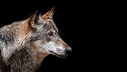 Fototapeta premium profile portrait of a gray wolf against black background