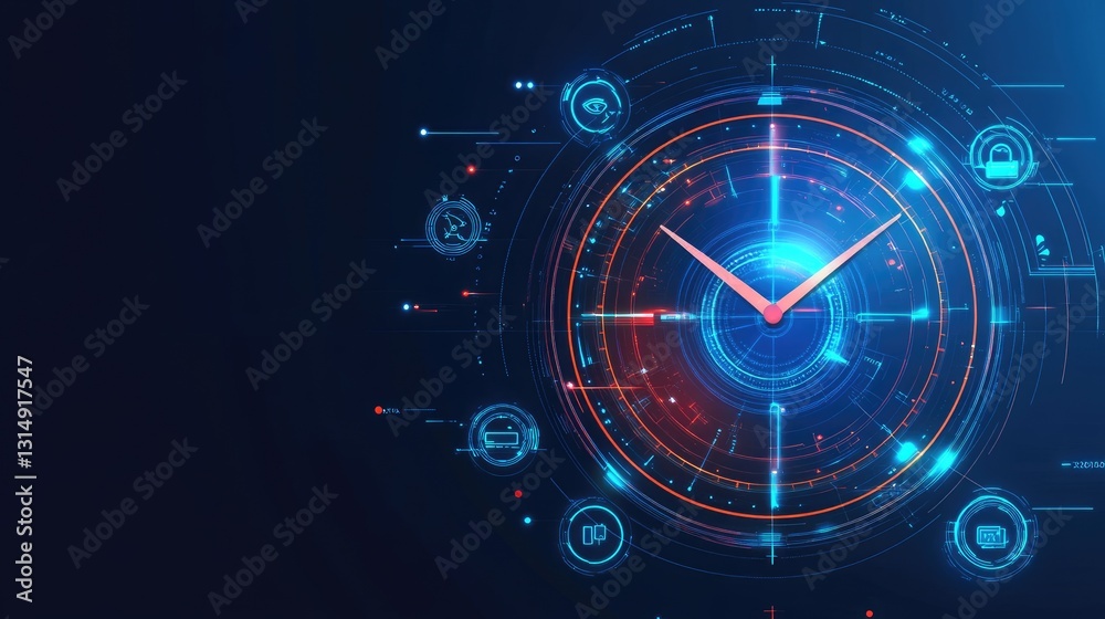 Poster abstract digital clock face with ai-powered automation icons floating around it.