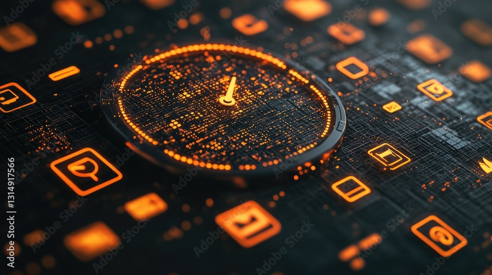 Poster abstract digital clock face with ai-powered automation icons floating around it.