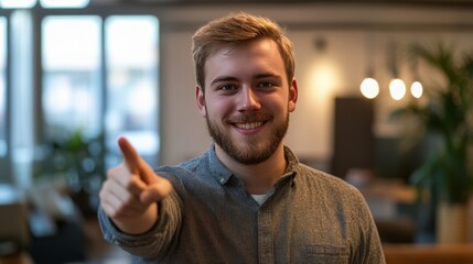 Naklejka premium Professional man with a warm smile pointing at you, blurred office backdrop 