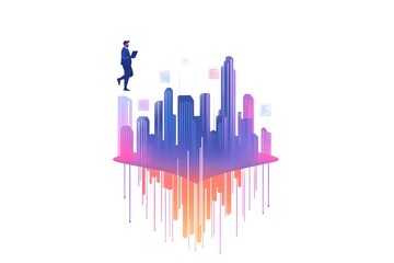 Man Walking with Laptop on Abstract Cityscape Data Illustration
