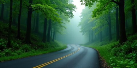 Obraz premium Serene Winding Road Through a Misty Green Forest, a Journey into Tranquil Nature