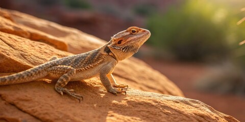 Obraz premium Lizard climbing on rocky terrain desert landscape wildlife photography natural habitat close-up view reptile behavior