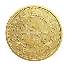 A stylish gold coin with a refined artistic design, centered perfectly in the image. The surface features subtle embossed details that enhance its luxurious appeal, transparent background, PNG