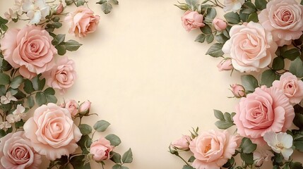A vintage floral border featuring soft pink and white roses, ideal for crafting romantic greeting cards or invitations, suitable for weddings and anniversaries.