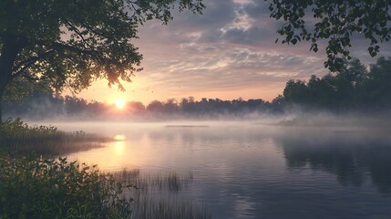 Fototapeta premium Serene lakeside view at sunrise with mist and lush greenery.