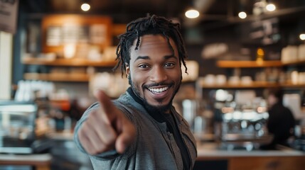 Fototapeta premium Smiling man pointing at the viewer, warm coffee shop setting in the background 