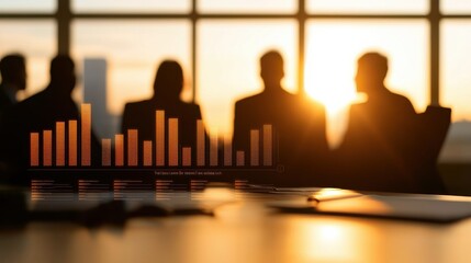 A silhouette of business people in a meeting, with a sunset backdrop and a digital graph overlay, symbolizing growth and collaboration.