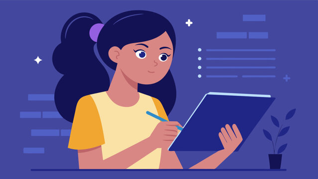 With a notebook by her side a teenage girl takes meticulous notes during a lecture on a new programming language determined to absorb as much knowledge as possible.. Vector illustration