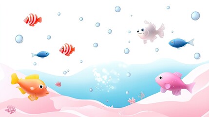 Fototapeta premium Colorful cartoon fish swimming in a vibrant underwater scene with bubbles and coral.