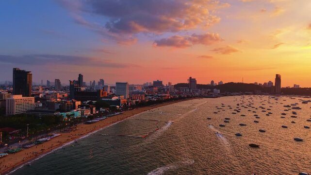 Sunset landscape city Pattaya Thailand Aerial view.