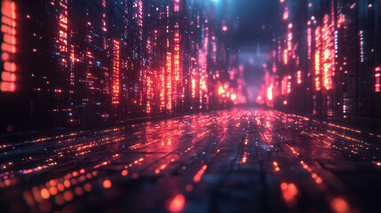 Naklejka premium Dynamic neon cityscape futuristic environment digital art urban landscape perspective technology vision