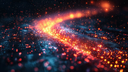 Fototapeta premium Dynamic flow of glowing particles digital realm abstract art night setting close-up view visual concept