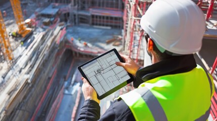 Architectural rendering displayed on a tablet at a construction site.