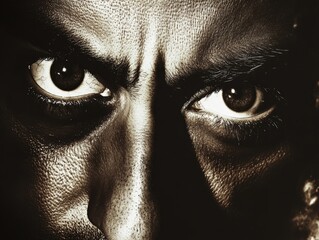 Intense close up black and white portrait of a man with shadowed dramatic lighting emphasizing his piercing eyes and furrowed brow